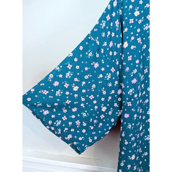 Molly & Isadora Kara Tie-Front Kimono Sleeve Tunic Top in Teal Floral Print 2X - Picture 6 of 10